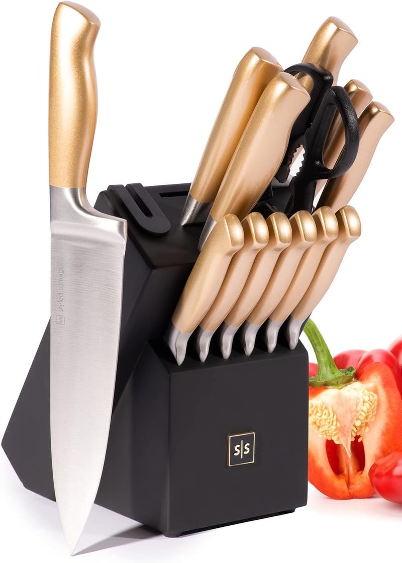 styled settings Black and Gold Knife Set for Kitchen with Block – 14-Piece Ultra-Sharp Stainless Steel Knives with Gold Handles and Built-In Sharpener – Stylish Kitchen Accessories for Cooking and Decor - Image 1